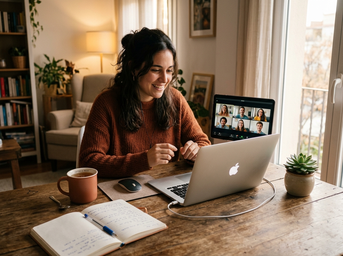 Escritorio de trabajo con laptop y sesión virtual